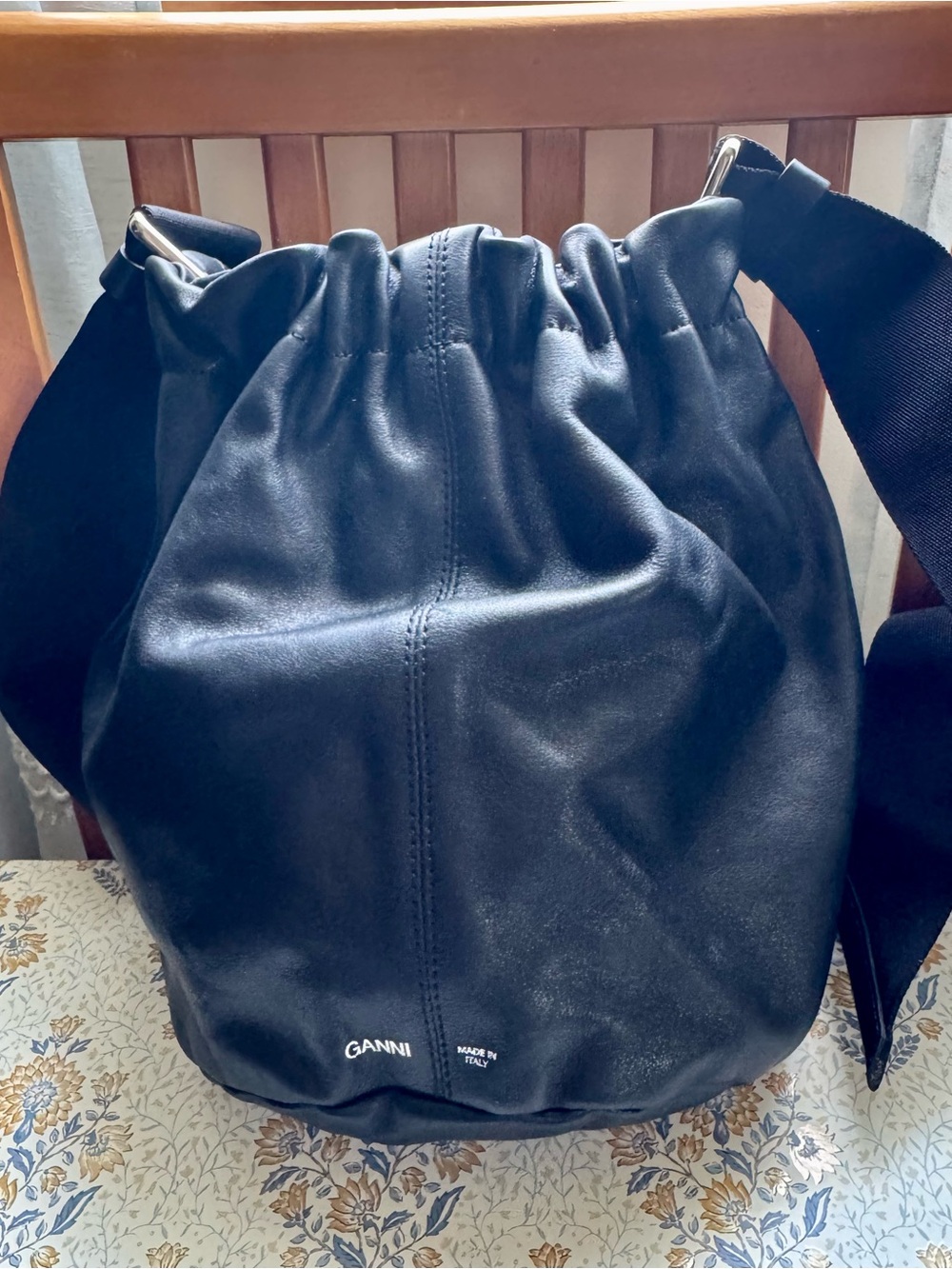 GANNI Black Drawstring Leather Bucket Bag